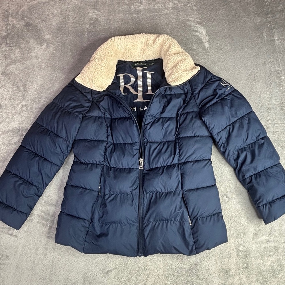 Lauren Ralph Lauren Puffer Jacket Womens M Navy Blue Sherpa Collar Quilted Coat